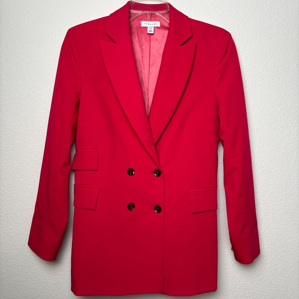 Topshop Double Breasted Blazer Womens Sz 4 Bold Pink Career Jacket Preppy Chic